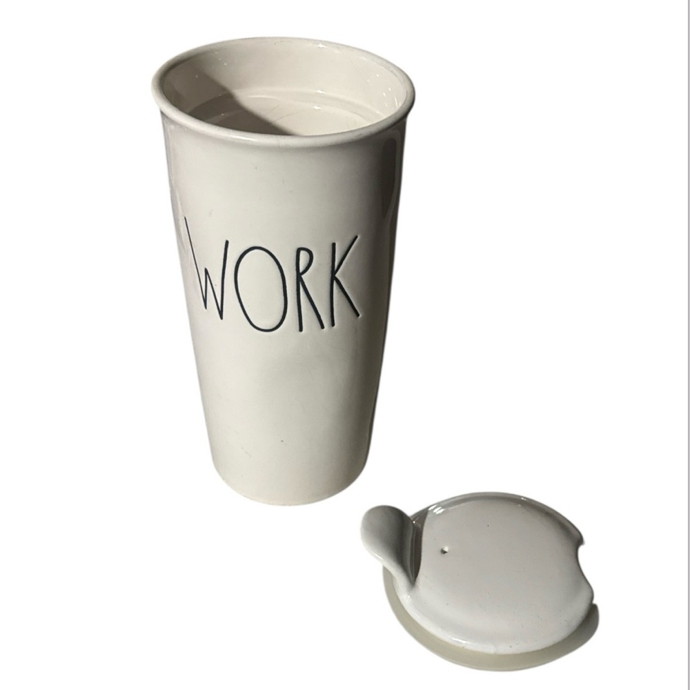 Rae Dunn By Magenta Tall Ceramic Coffee Travel Mug Tumbler W/ Lid "WORK” Cup